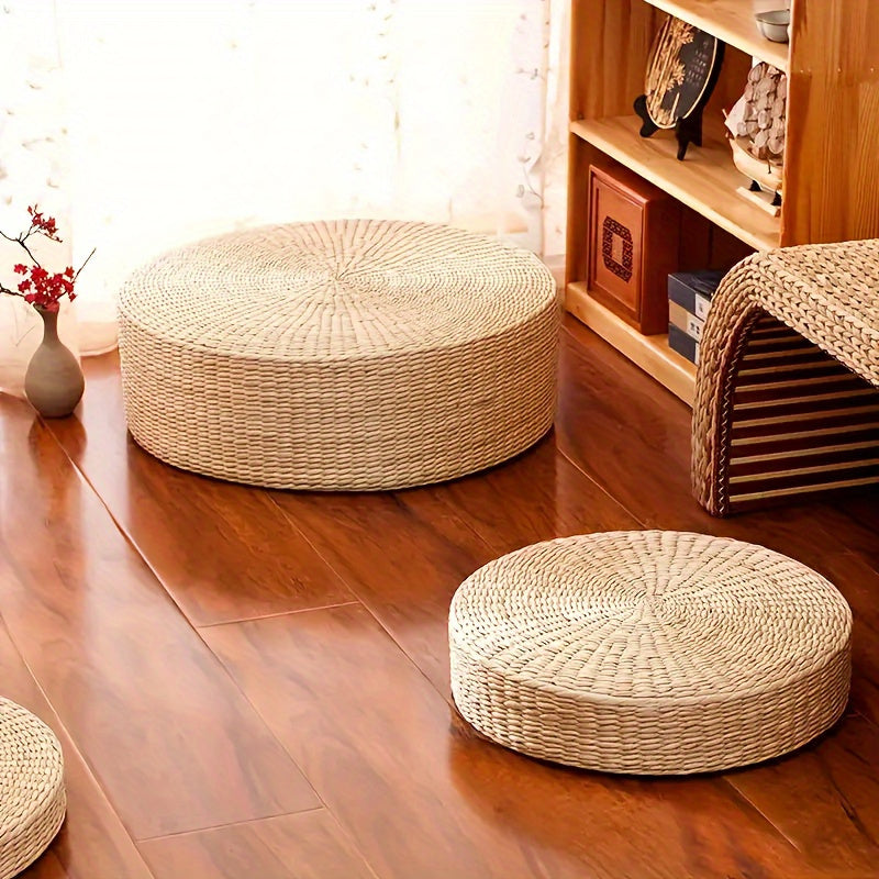 Handmade Round Grass Cushion with Tray Eco-Friendly Dandelion Fiber Bay Window Tatami Seating