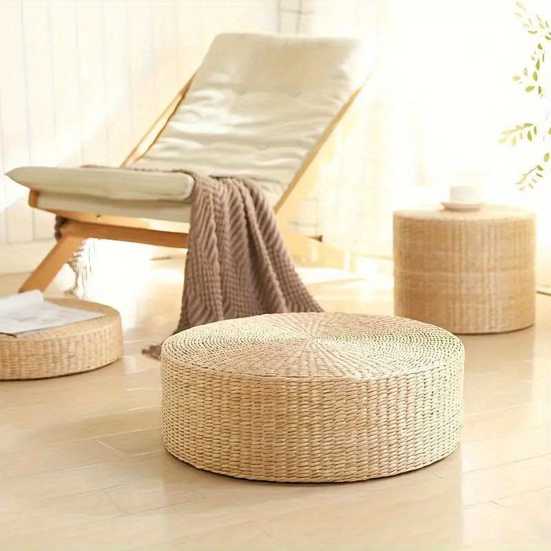 Handmade Round Grass Cushion with Tray Eco-Friendly Dandelion Fiber Bay Window Tatami Seating