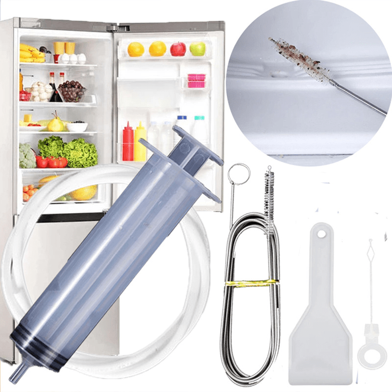 Refrigerator Drain Hole Cleaning Kit Flexible Syringe Hose Brush Deep Cleaning
