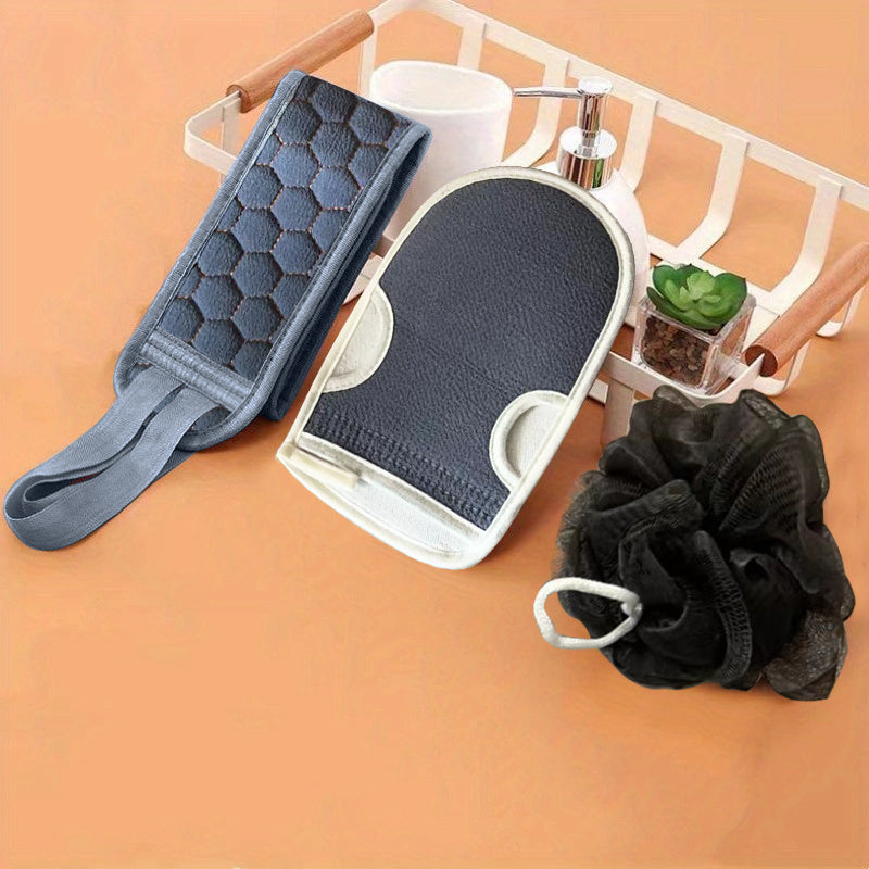 Exfoliating Bath Set with Long Handle Back Scrubber Sponge and Mud Removing Glove
