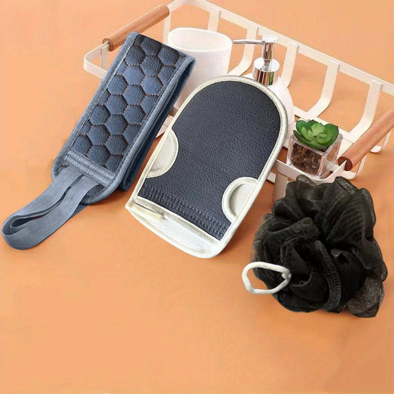 Exfoliating Bath Set with Long Handle Back Scrubber Sponge and Mud Removing Glove