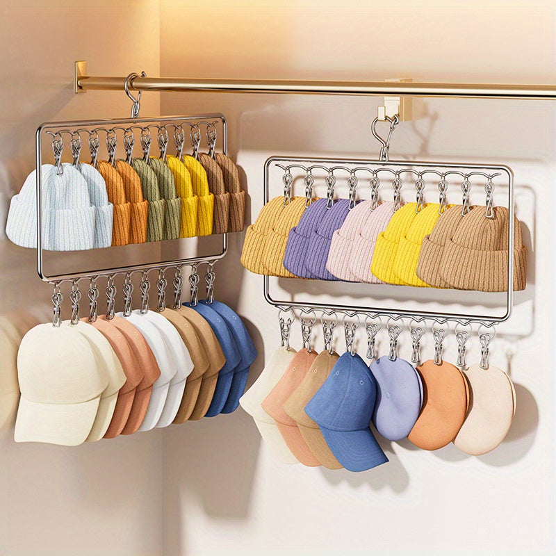 Organizador de acero inoxidable de 2 niveles con clips para almacenamiento de sombreros, calcetines y ropa interior