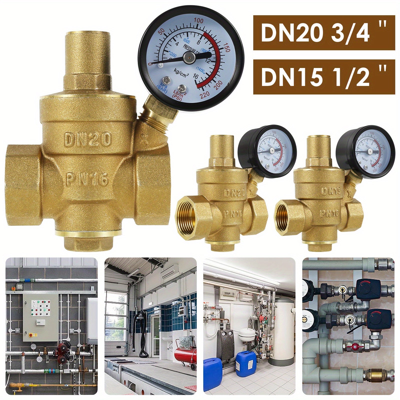 Brass Water Pressure Regulator Valve with Pressure Gauge for Water and Oil Systems Adjustable 3/4 Inch DN20 1/2 Inch DN15