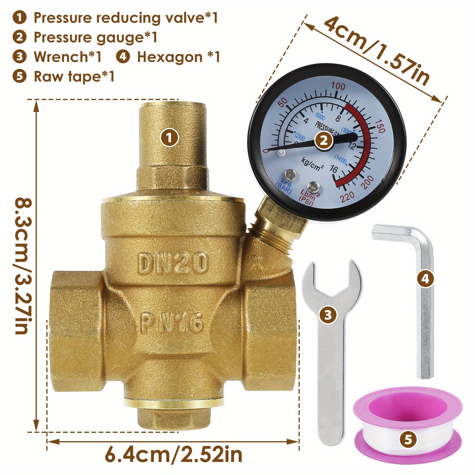 Brass Water Pressure Regulator Valve with Pressure Gauge for Water and Oil Systems Adjustable 3/4 Inch DN20 1/2 Inch DN15