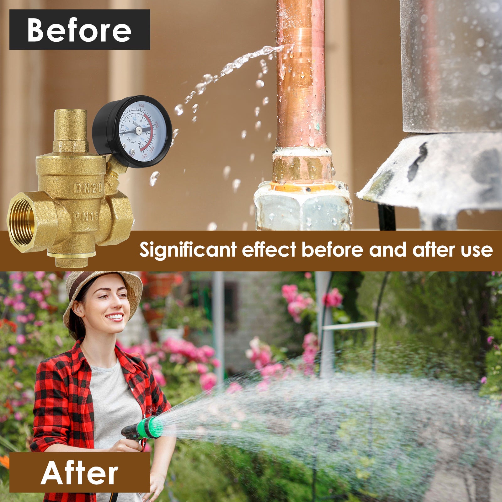 Латунный регулятор давления воды с манометром для водяных и масляных систем, регулируемый, 3/4 дюйма DN20, 1/2 дюйма DN15