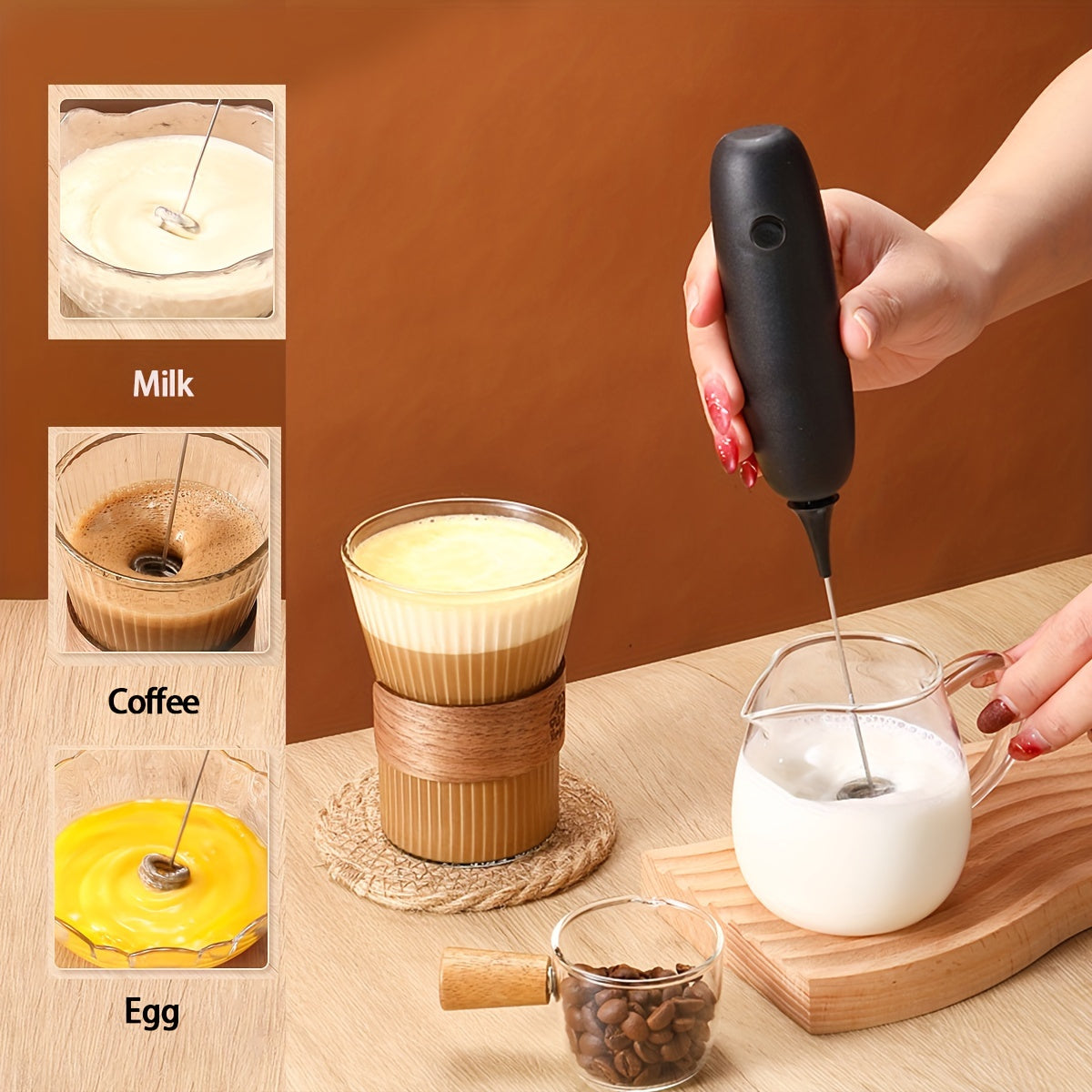 Electric Milk Frother Handheld 4W Cordless Easy to Use for Lattes Cappuccinos
