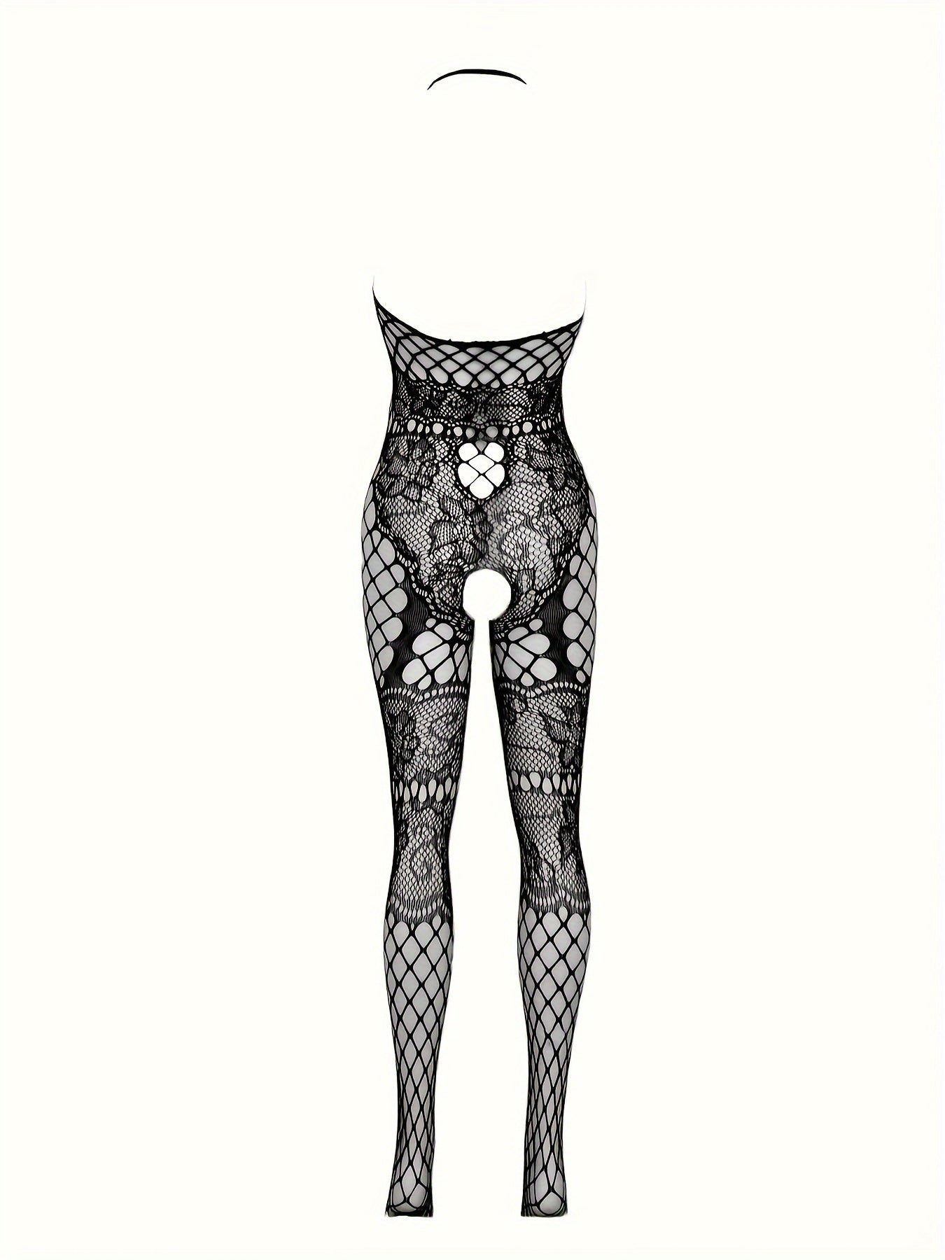 Women's Floral Jacquard Fishnet Bodystocking with Open Crotch and Halter Back