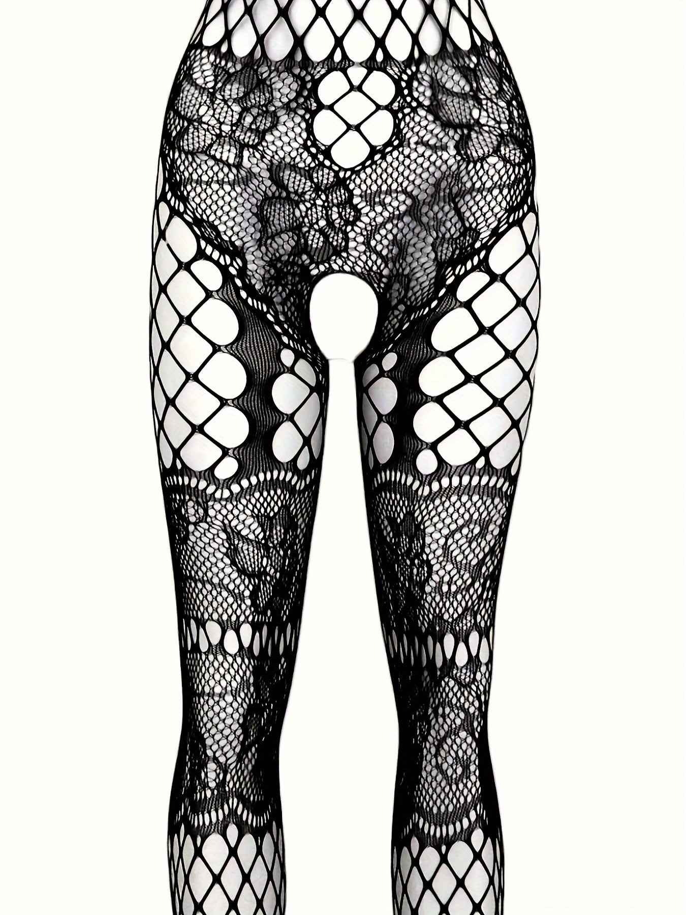 Women's Floral Jacquard Fishnet Bodystocking with Open Crotch and Halter Back