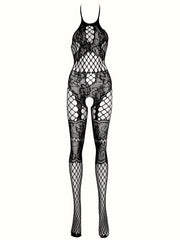 Women's Floral Jacquard Fishnet Bodystocking with Open Crotch and Halter Back