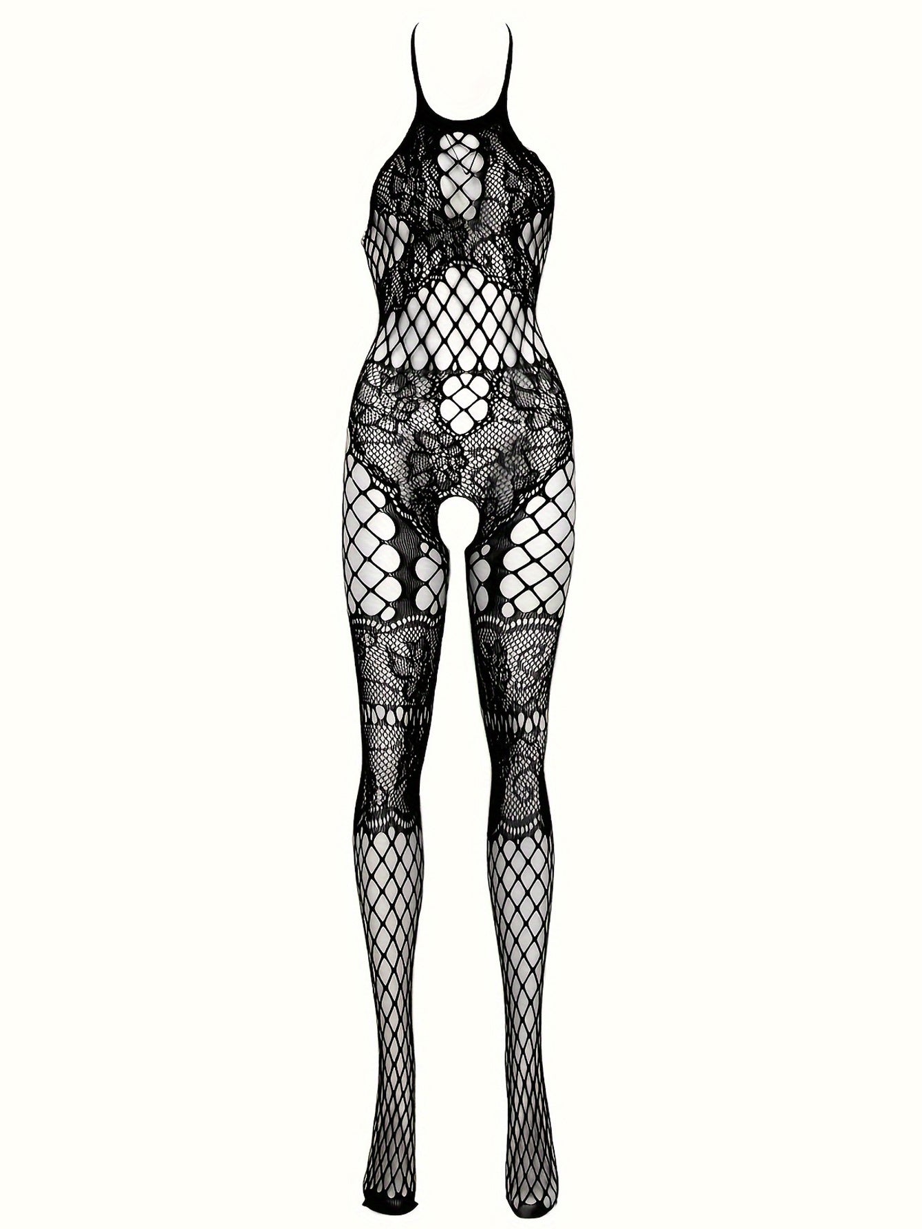 Women's Floral Jacquard Fishnet Bodystocking with Open Crotch and Halter Back