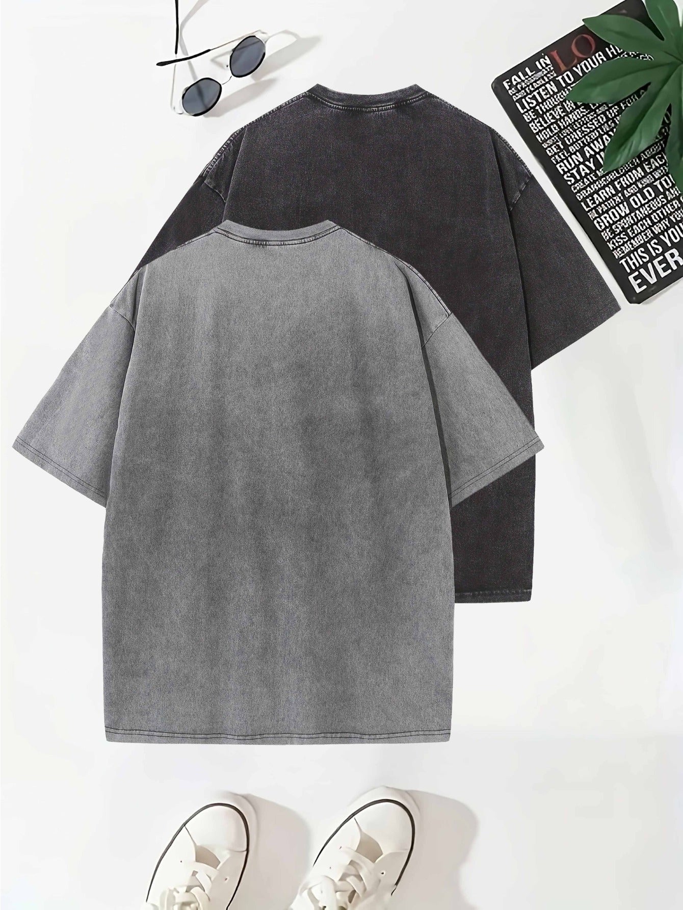 2 Ta Erkaklar Vintage Yuvilgan Paxta T-Shirtlar - 100% Sof, Tasodifiy Yuqori Bo'yinli T-Shirtlar, Qaytish Yelka Yenglari bilan