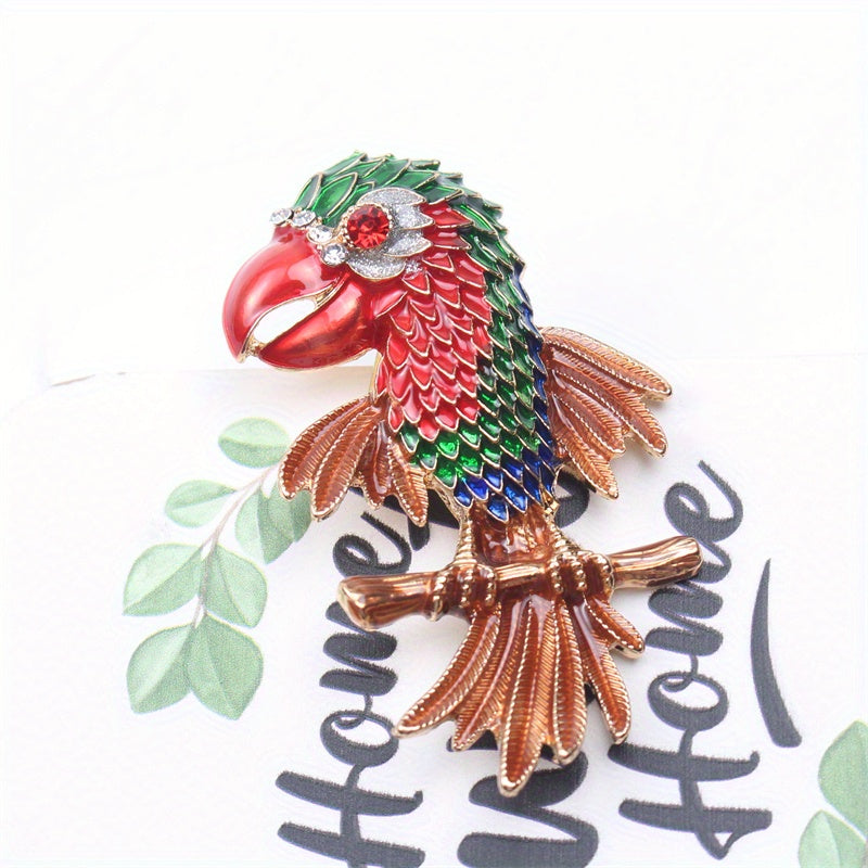 Enamel Parrot Brooch with Rhinestones Animal Corsage Pin for Ladies Fashion