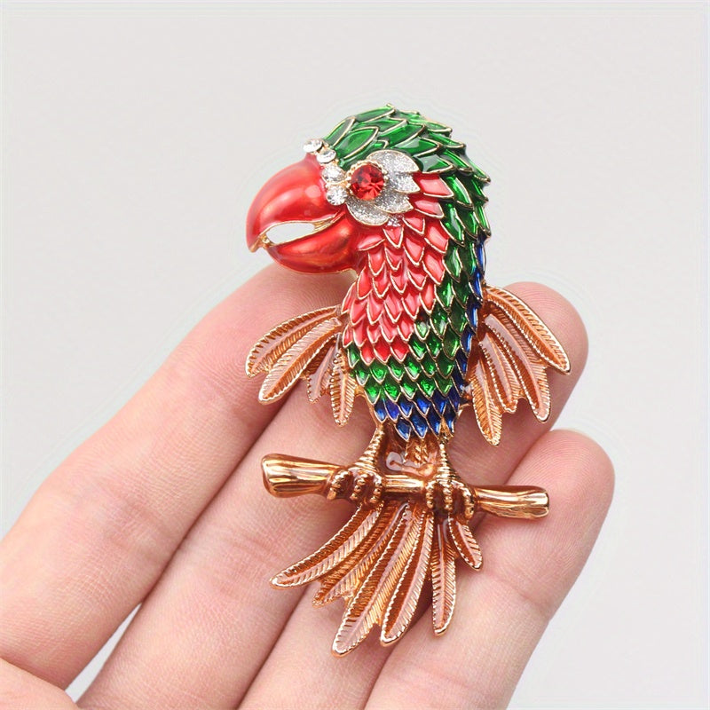 Enamel Parrot Brooch with Rhinestones Animal Corsage Pin for Ladies Fashion