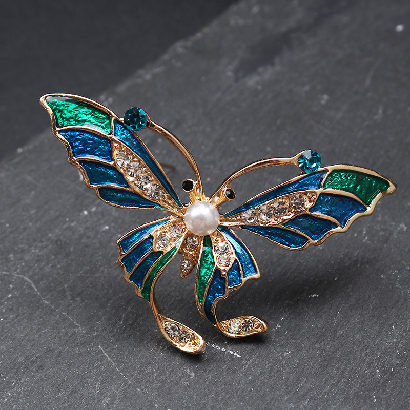 Vintage Style Enamel and Diamond Butterfly Brooch Pin Irregular Rhinestone Jewelry for Women