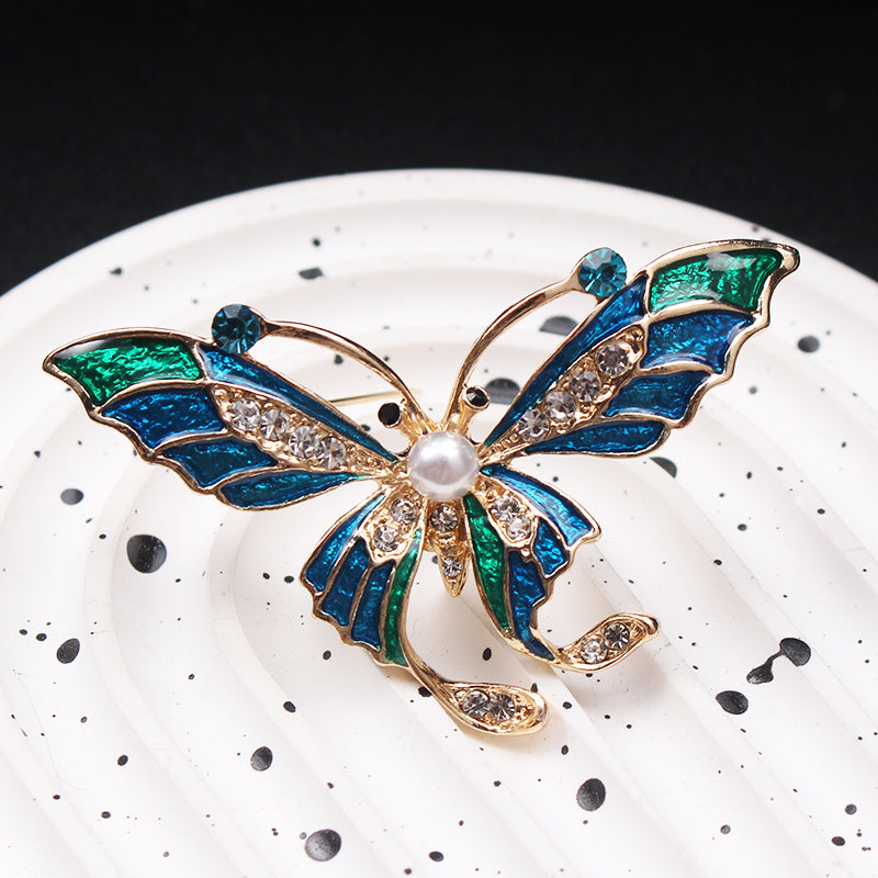 Vintage Style Enamel and Diamond Butterfly Brooch Pin Irregular Rhinestone Jewelry for Women