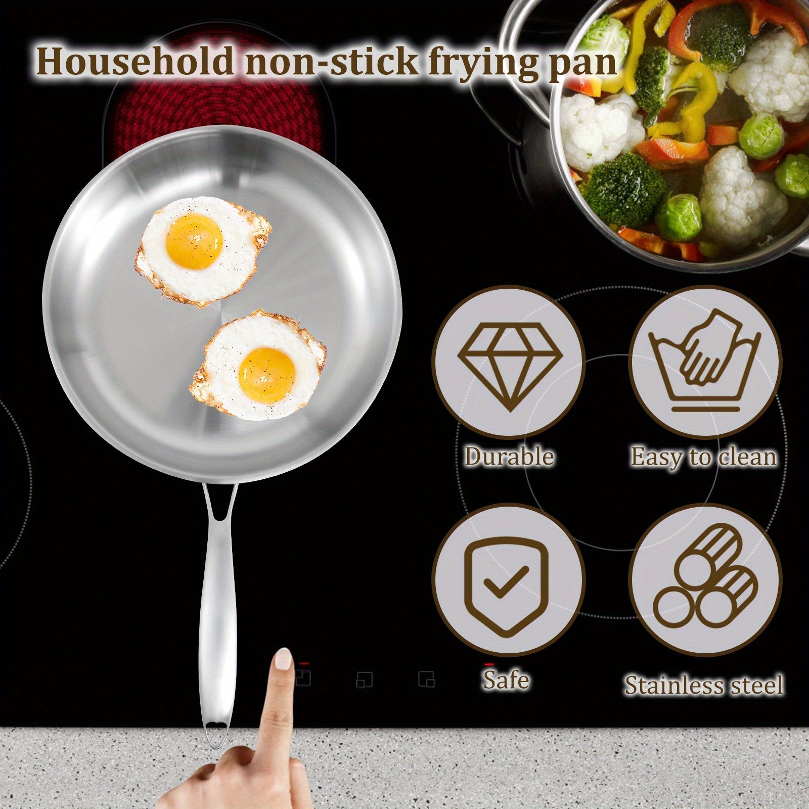 Stainless Steel Frying Pan with Detachable Handle for Even Heating and Home Cooking