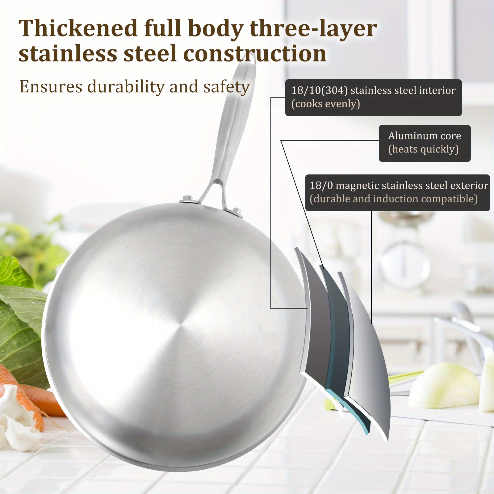 Stainless Steel Frying Pan with Detachable Handle for Even Heating and Home Cooking