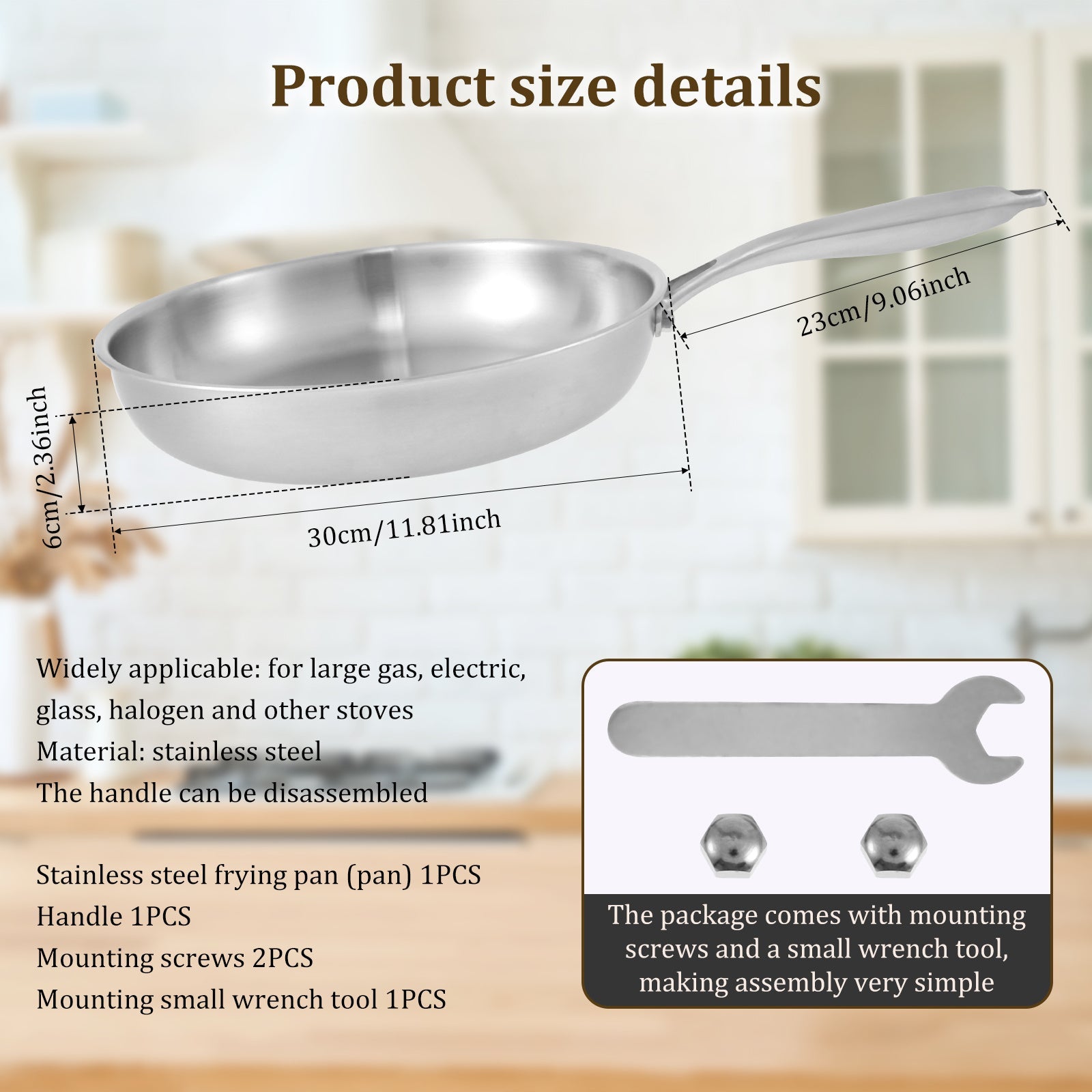 Stainless Steel Frying Pan with Detachable Handle for Even Heating and Home Cooking