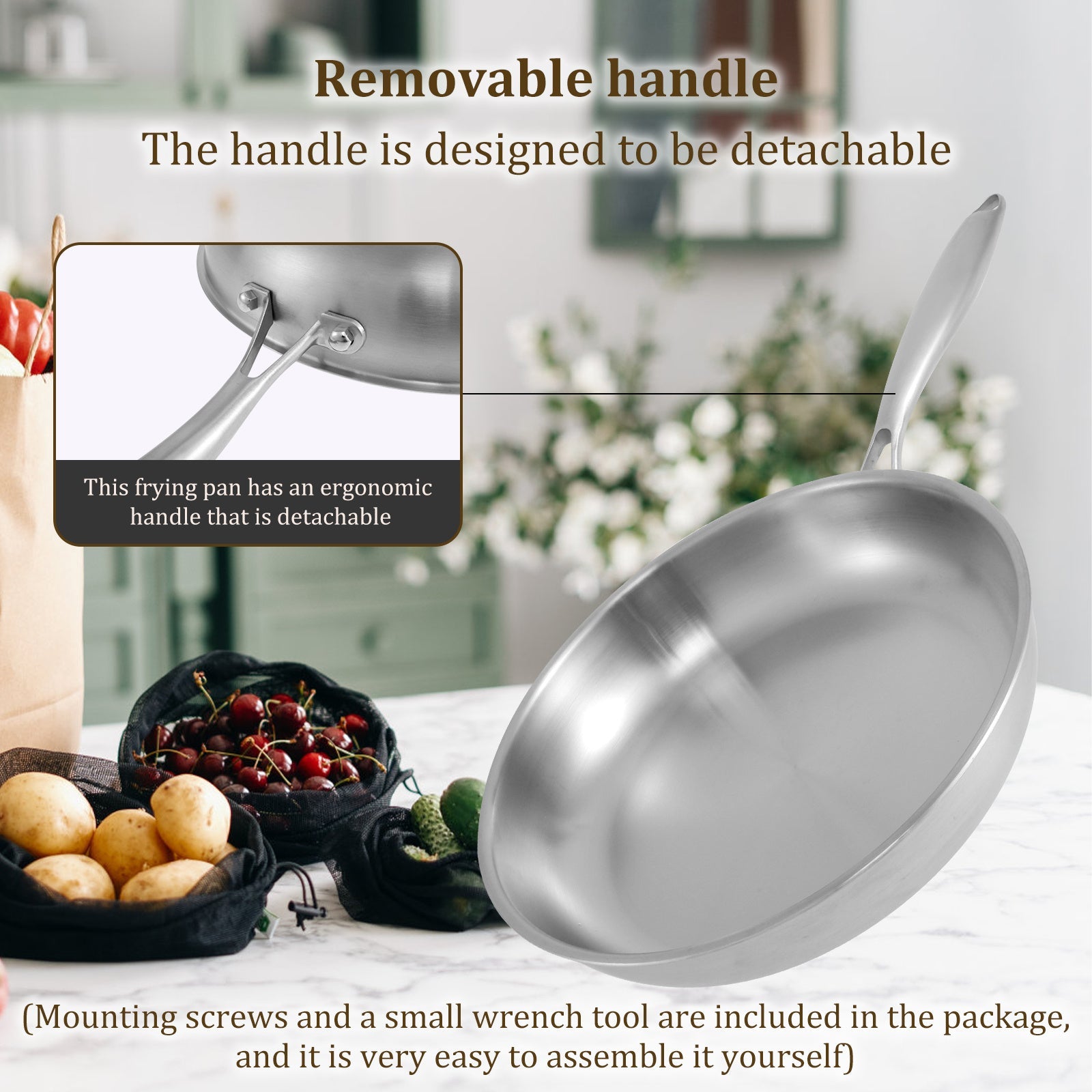 Stainless Steel Frying Pan with Detachable Handle for Even Heating and Home Cooking