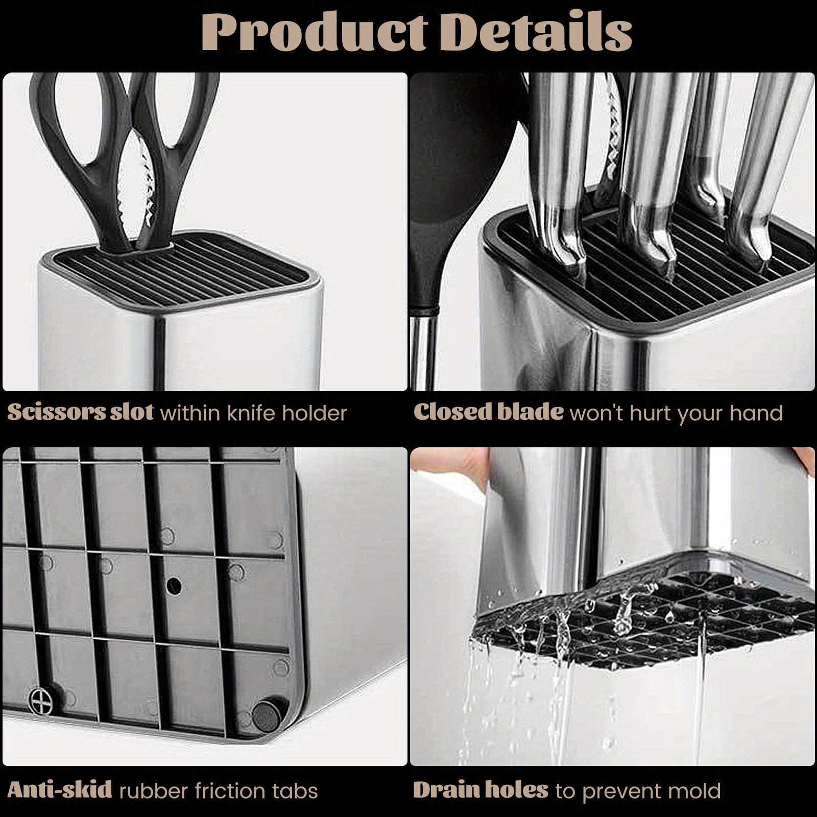 Stainless Steel Kitchen Organizer with Knife Block Compact Storage for Utensils