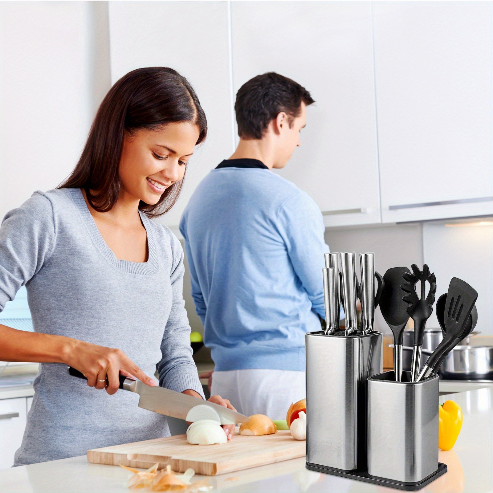 Stainless Steel Kitchen Organizer with Knife Block Compact Storage for Utensils