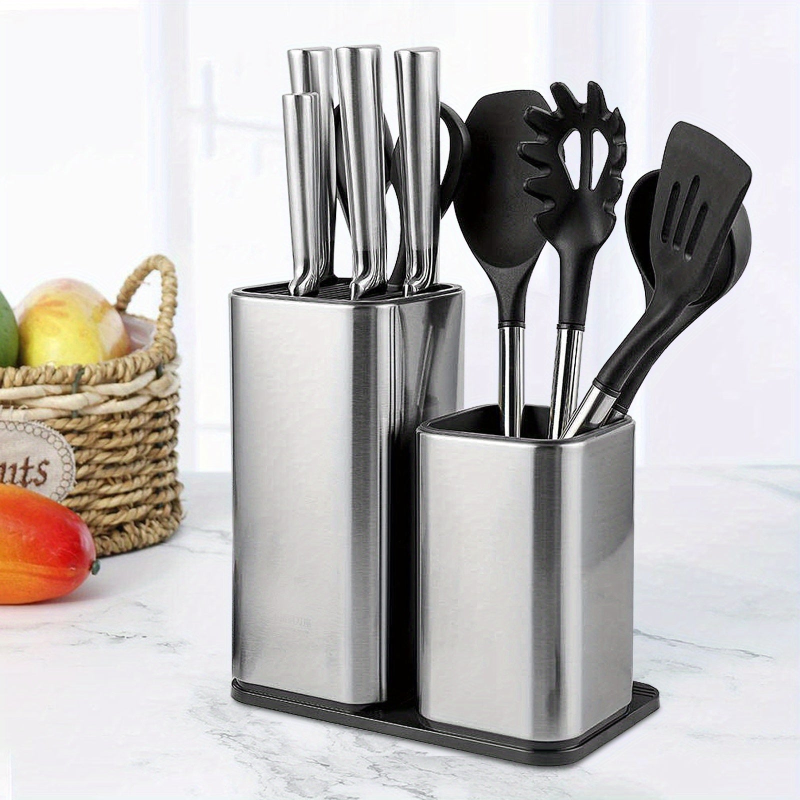 Stainless Steel Kitchen Organizer with Knife Block Compact Storage for Utensils