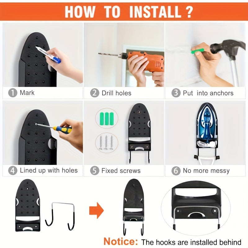 Stainless Steel Wall-Mounted Storage Rack for Iron and Hair Dryer with Hooks