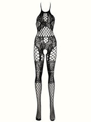 Women's Fishnet Bodysuit with Crotchless Floral Jacquard Halter Backless Style