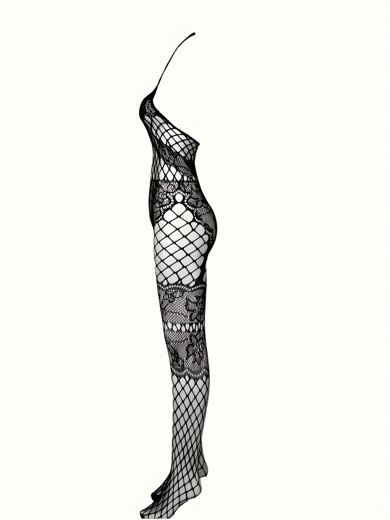 Women's Fishnet Bodysuit with Crotchless Floral Jacquard Halter Backless Style