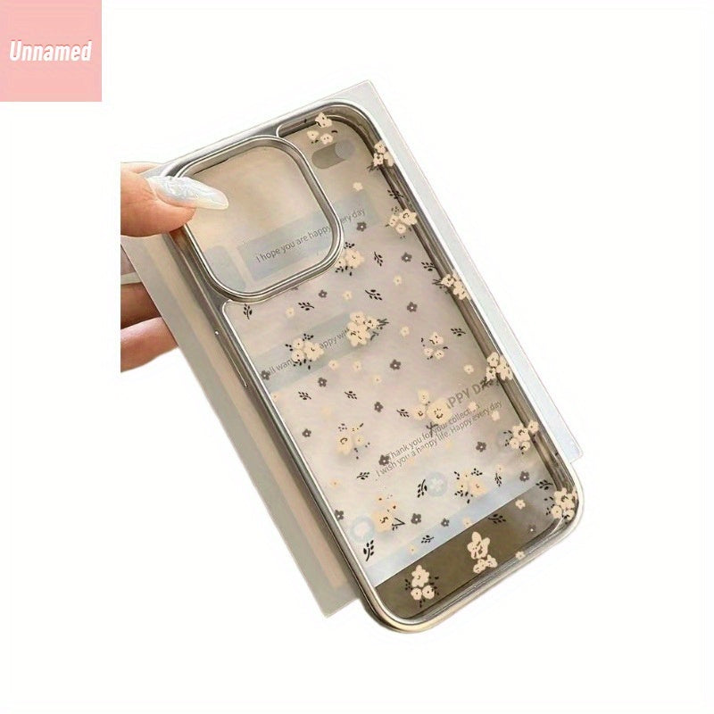 Electroplated Silver Frame Case with X Floral Design for iPhone Models X to 15 TPU Protective Cover