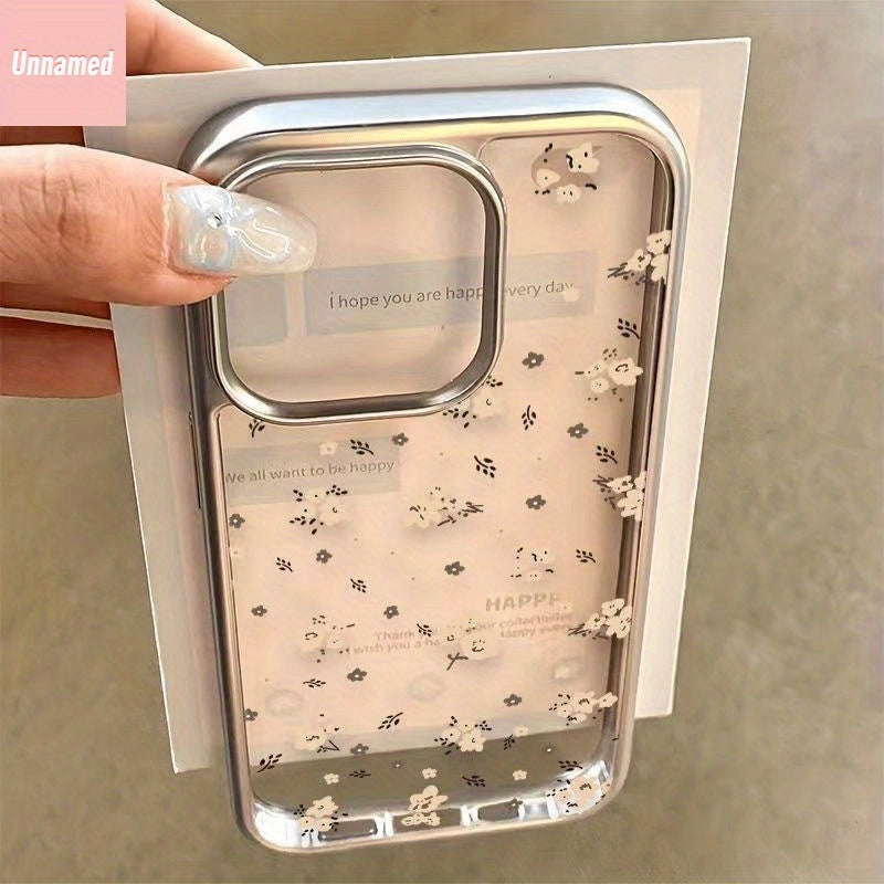 Electroplated Silver Frame Case with X Floral Design for iPhone Models X to 15 TPU Protective Cover