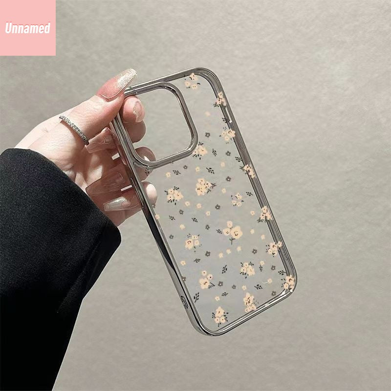 Electroplated Silver Frame Case with X Floral Design for iPhone Models X to 15 TPU Protective Cover