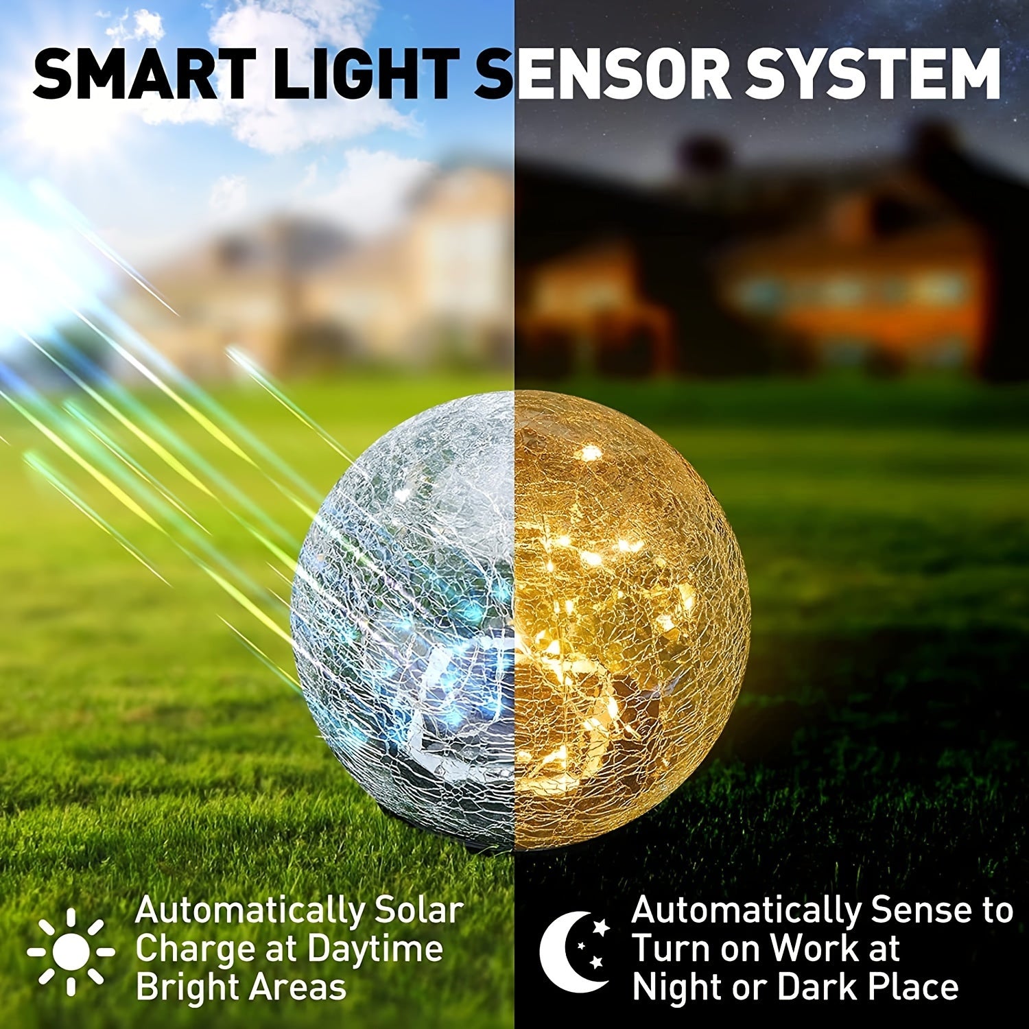 Tashqi dekorativ bog' quyosh chirog'i, yorilgan shisha globus, LED va aqlli yorug'lik sezgichi bilan, patio, maysazor va bog' uchun.