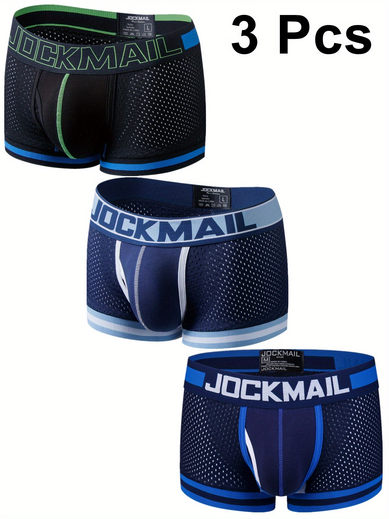 Men's Boxer Briefs Set of 3 Black White Blue Low Waist Breathable Mesh Color Block