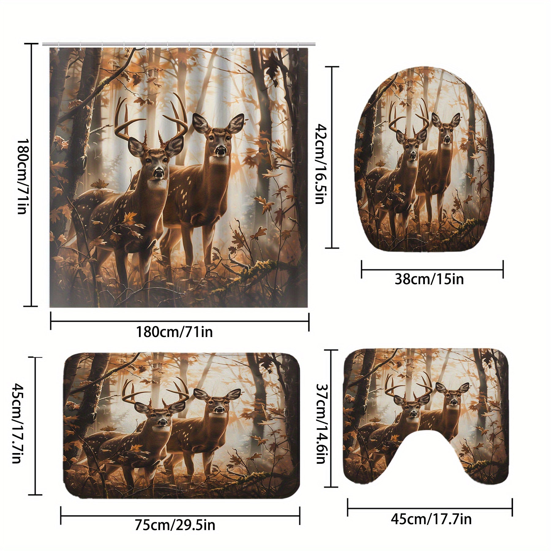 Deer Pattern Shower Curtain Set with 12 Hooks Non-Slip Mat 180x180cm Bathroom Decor