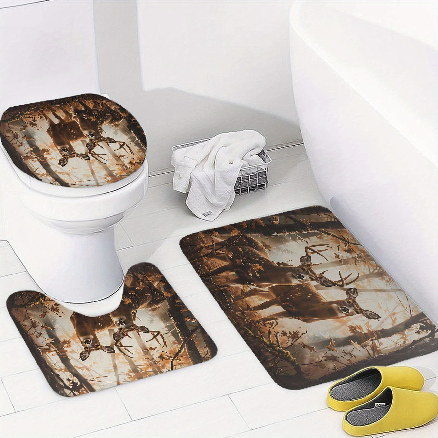 Boyi 180.34*180.34 sm bo'lgan 12 ta tutqichli, sirpanmaydigan matlar va uy bezaklari bilan kiyik naqshli dush pardasi to'plami.