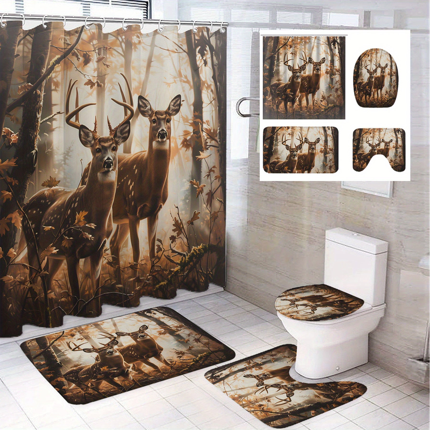 Deer Pattern Shower Curtain Set with 12 Hooks Non-Slip Mat 180x180cm Bathroom Decor