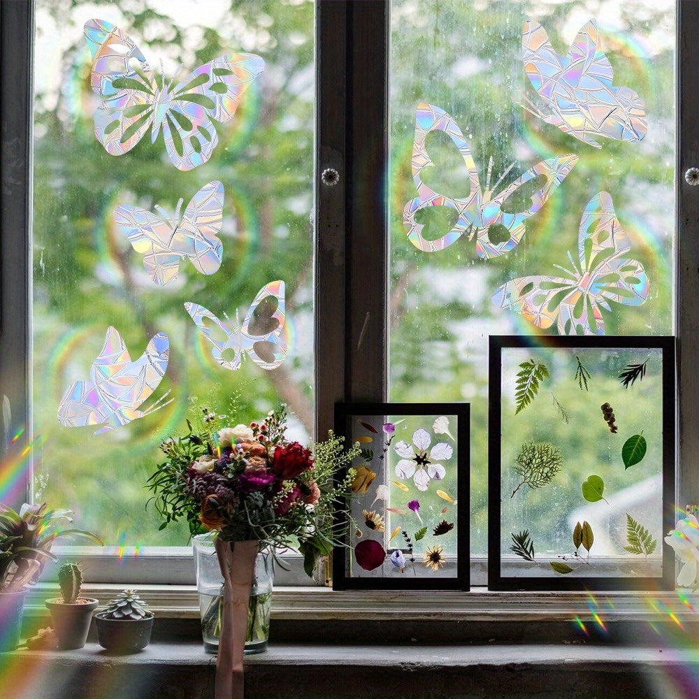 Seven Butterfly Window Clings Set, Reusable PVC Static Film, Glitter Decals