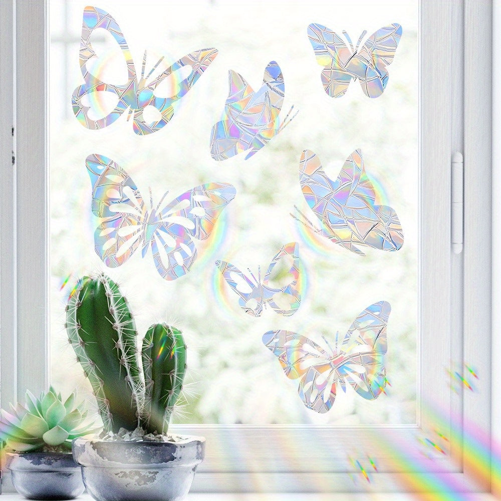 Seven Butterfly Window Clings Set, Reusable PVC Static Film, Glitter Decals