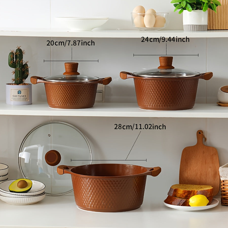 Ko'p funksiyali oshxona anjomlari to'plami, ichida sho'rva qozoni, yopishqoq bo'lmagan qovurish panasi, qaynatish qozoni va qovurish panasi mavjud, zamonaviy qahva rangida, ochiq olov yoki gaz pechlarida ishlatish uchun mos.