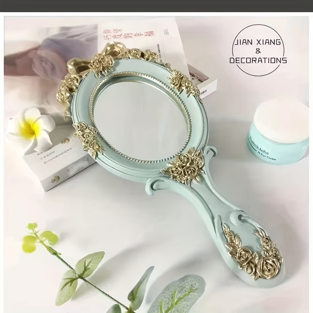Vintage Princess Handheld Makeup Mirror with Foldable Ceramic Surface and Tabletop Mount