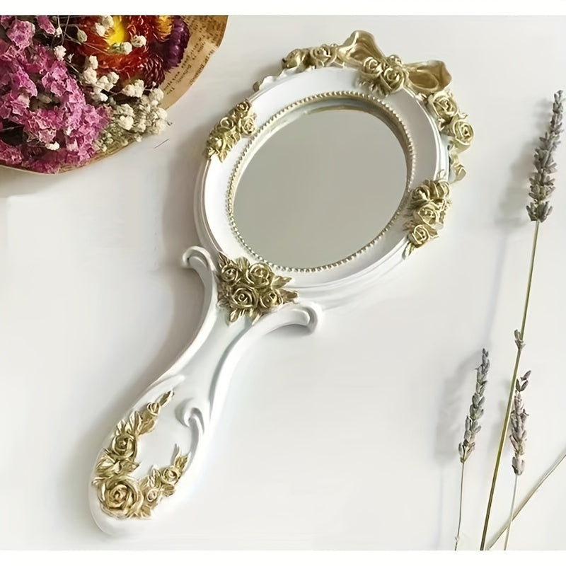 Vintage Princess Handheld Makeup Mirror with Foldable Ceramic Surface and Tabletop Mount