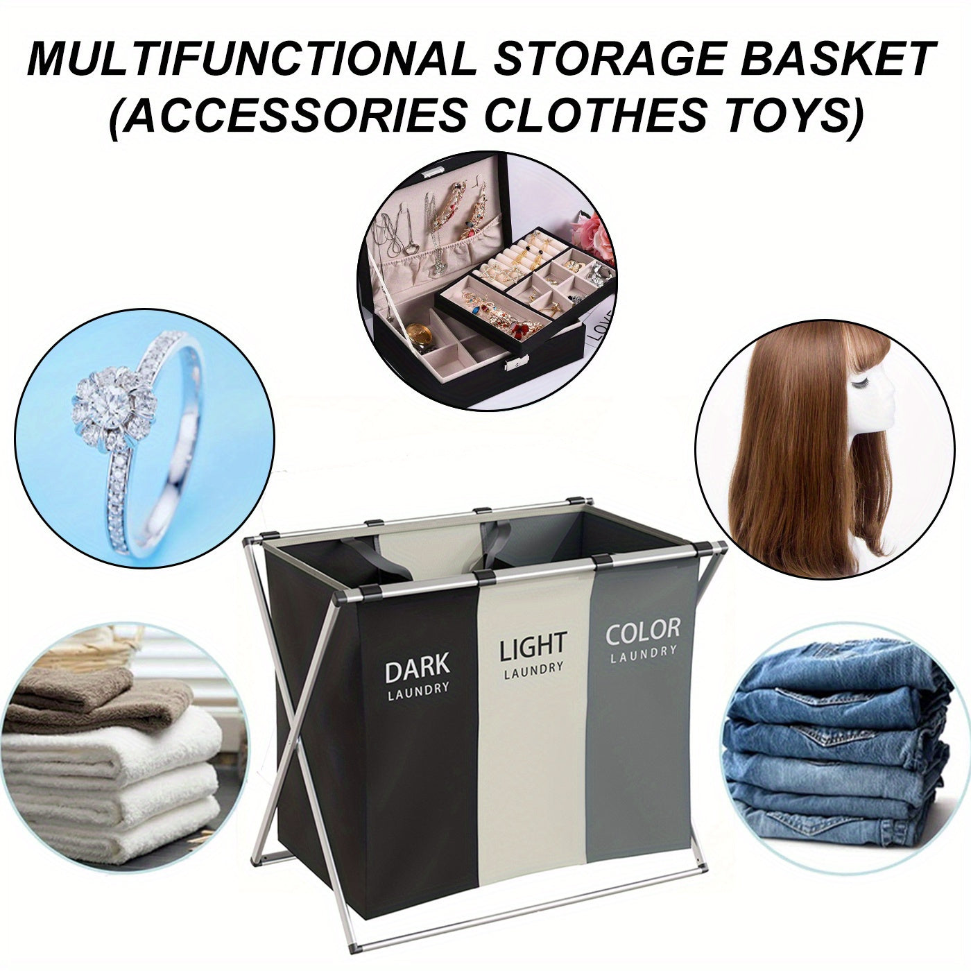Large 3-Compartment Laundry Hamper with Aluminum Frame and Foldable Design