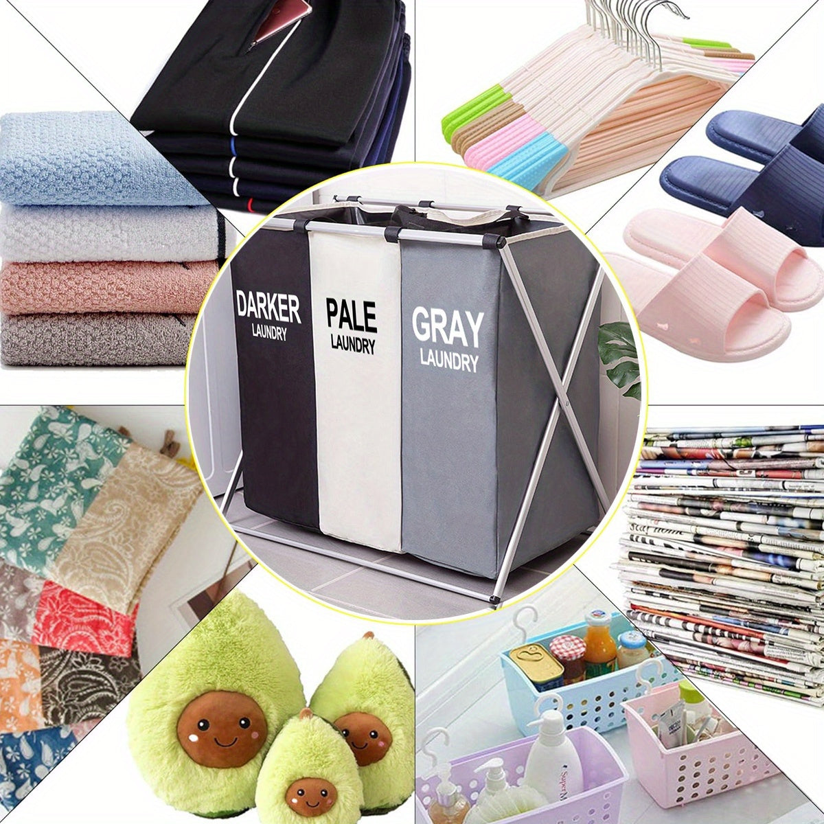 Large 3-Compartment Laundry Hamper with Aluminum Frame and Foldable Design
