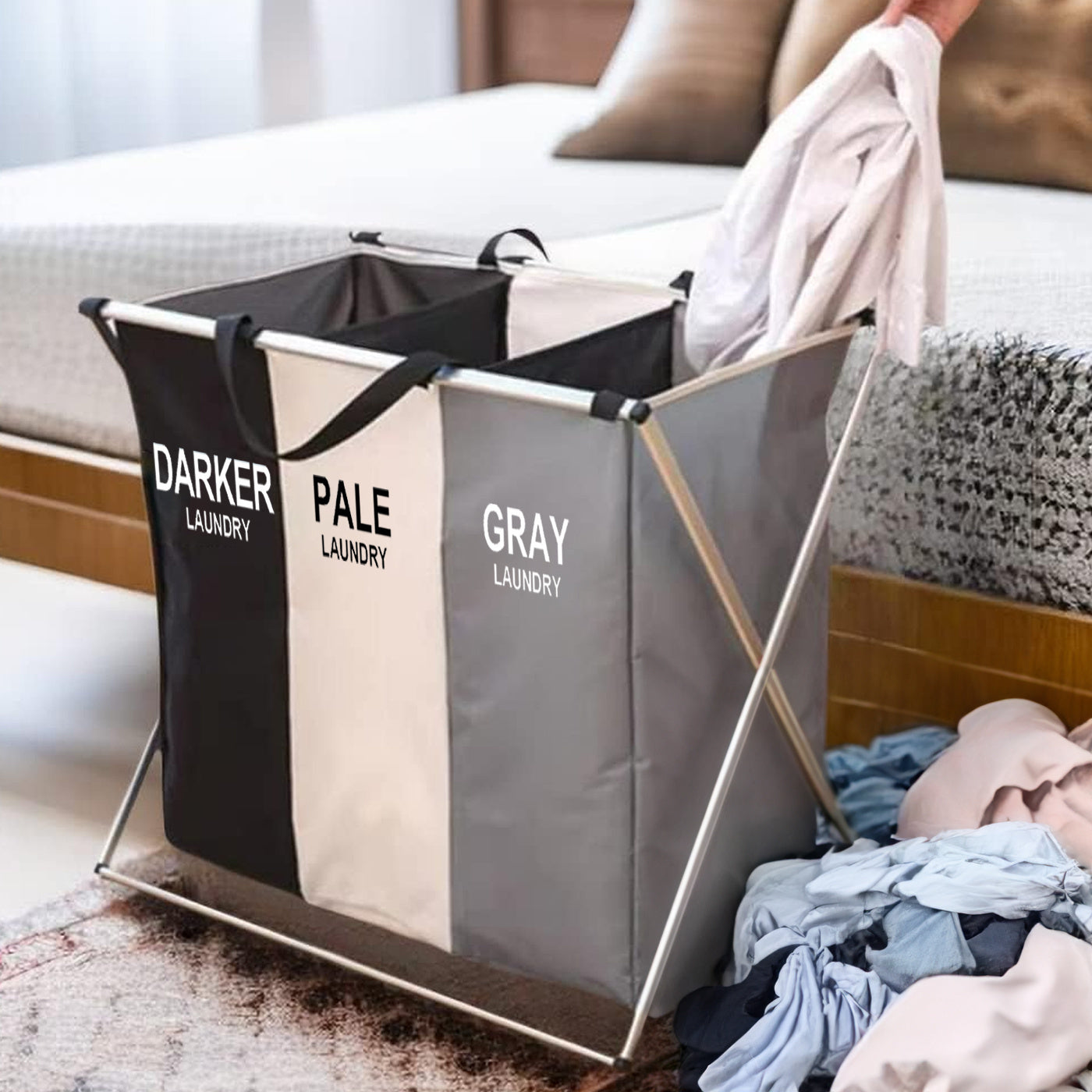Large 3-Compartment Laundry Hamper with Aluminum Frame and Foldable Design