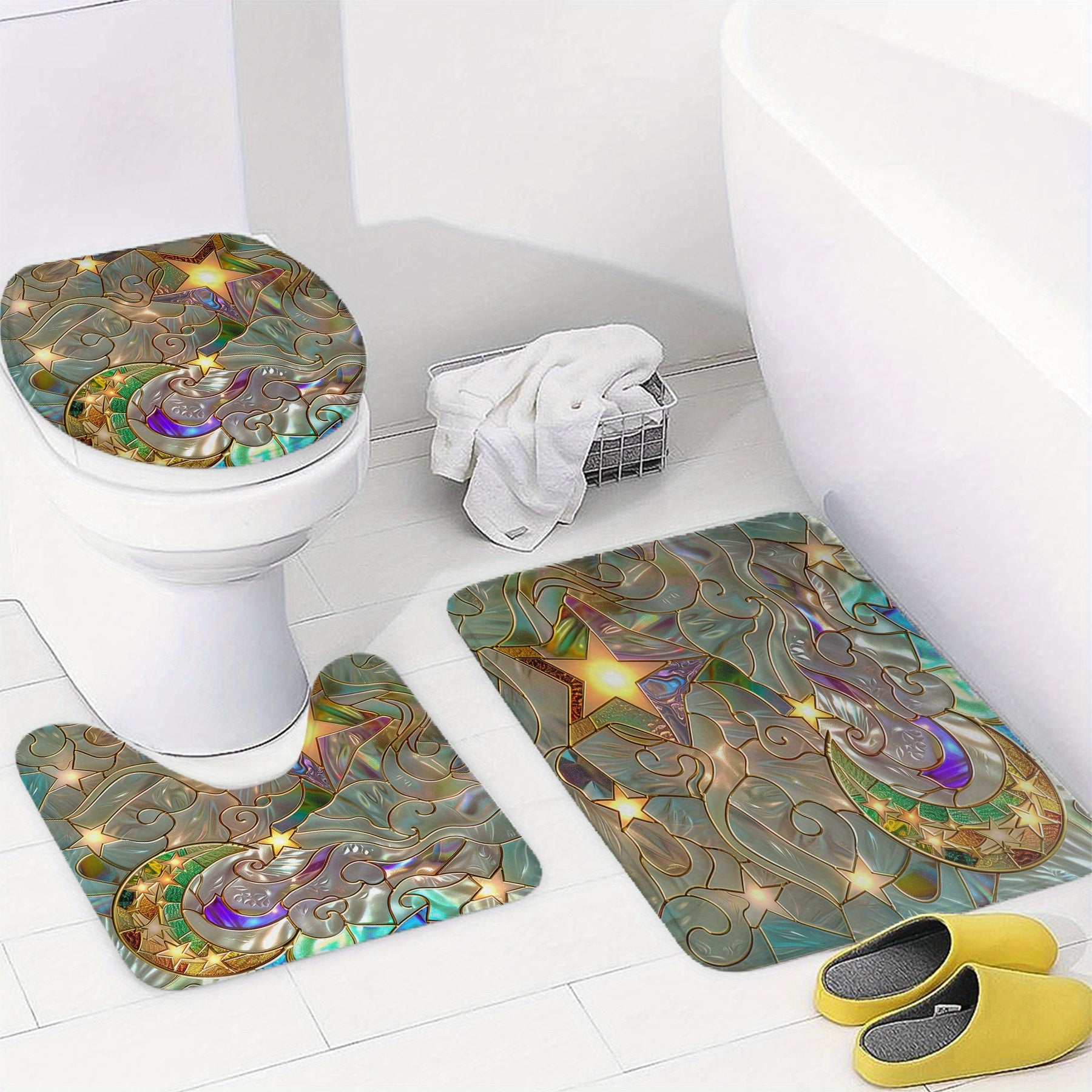 Colorful Star and Moon Pattern Shower Curtain Set with 12 Hooks Non-Slip Mat Toilet Seat Cover U-Shaped Mat for Home Decoration