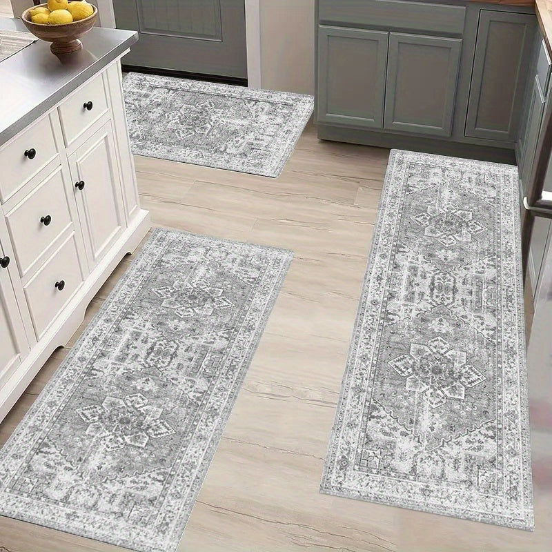 3-Piece Washable Boho Chic Kitchen Rug Set Non-Slip Polyester TPR Backing