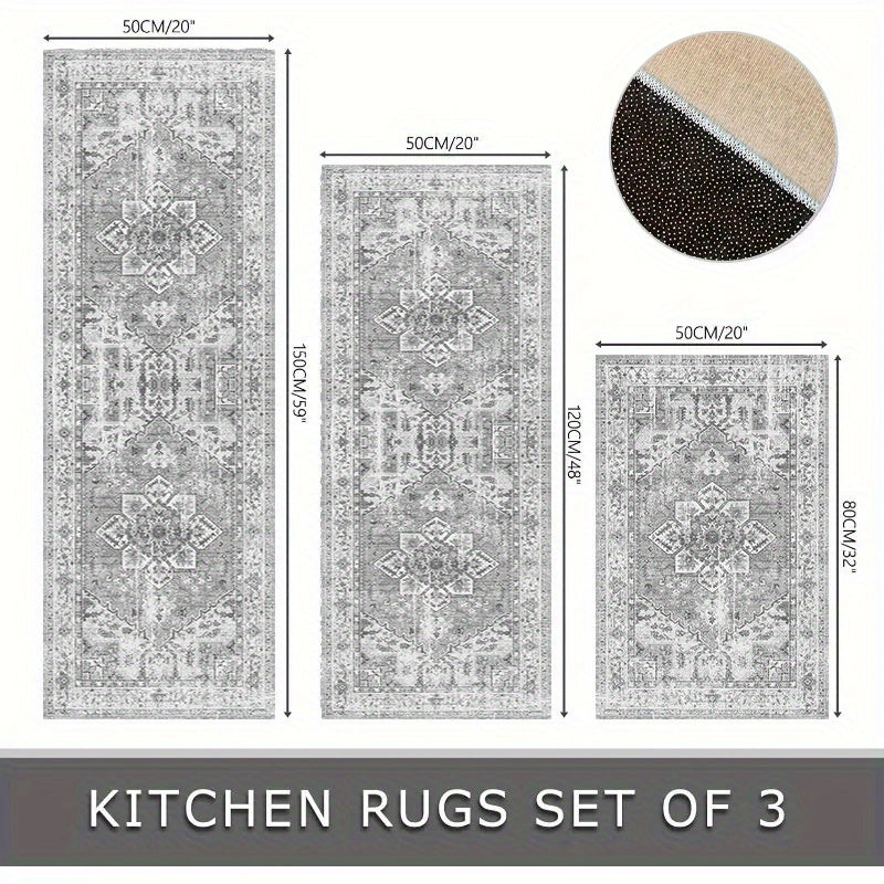 3-Piece Washable Boho Chic Kitchen Rug Set Non-Slip Polyester TPR Backing