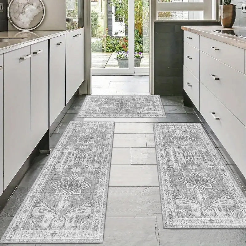 3-Piece Washable Boho Chic Kitchen Rug Set Non-Slip Polyester TPR Backing