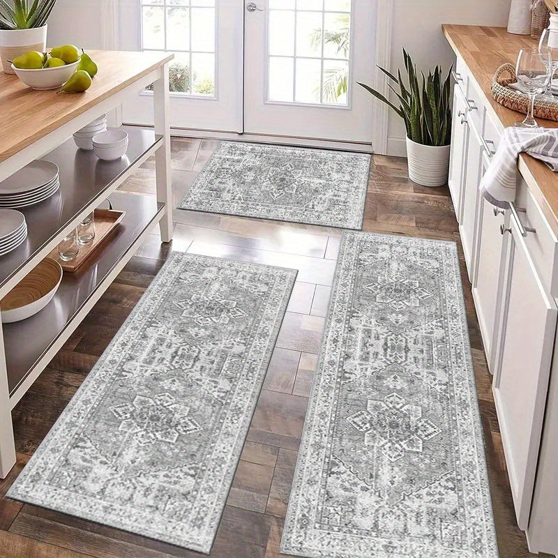 3-Piece Washable Boho Chic Kitchen Rug Set Non-Slip Polyester TPR Backing